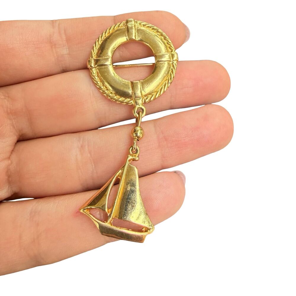 Vintage Jewelry Gold Tone Nautical Brooch Sailor Jewelry Sailboat Brooch